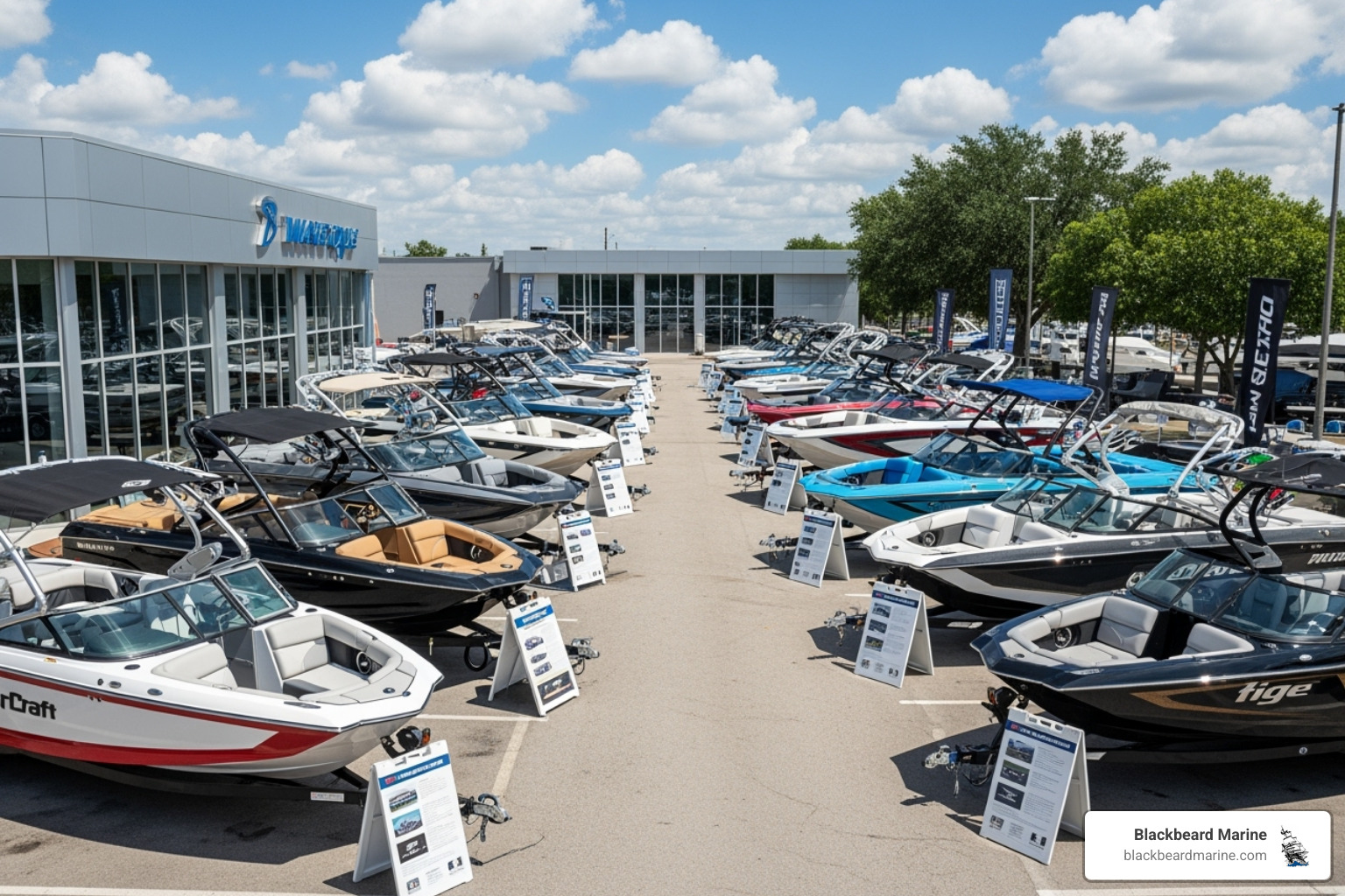 lineup of different wake boat models at a Blackbeard Marine dealership - Wake boats for sale lineup of different wake boat models at a Blackbeard Marine dealership - Wake boats for sale