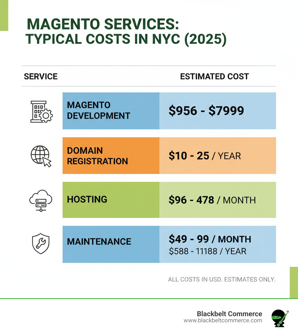 Table showing typical costs for Magento services in New York including development ($956-$7999), domain registration ($10-$25), hosting ($96-$478), SSL certificate ($49), and monthly/annual maintenance ($49-$99/month or $588-$1188/year) - magento developer new york infographic Table showing typical costs for Magento services in New York including development ($956-$7999), domain registration ($10-$25), hosting ($96-$478), SSL certificate ($49), and monthly/annual maintenance ($49-$99/month or $588-$1188/year) - magento developer new york infographic