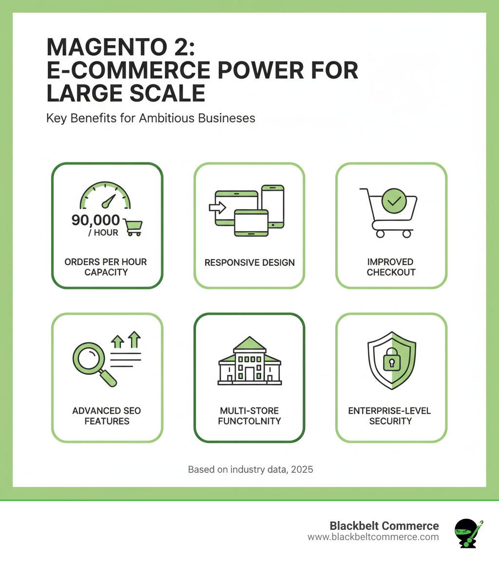 Infographic showing key benefits of Magento 2 for large-scale e-commerce including 90,000 orders per hour capacity, responsive design capabilities, improved checkout process, advanced SEO features, multi-store functionality, and enterprise-level security - magento developer new york infographic Infographic showing key benefits of Magento 2 for large-scale e-commerce including 90,000 orders per hour capacity, responsive design capabilities, improved checkout process, advanced SEO features, multi-store functionality, and enterprise-level security - magento developer new york infographic
