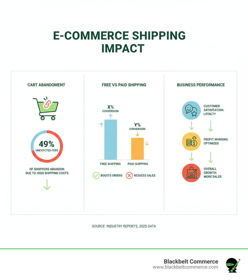 Comprehensive infographic showing the impact of shipping costs on e-commerce conversion rates, featuring statistics on cart abandonment due to unexpected shipping fees, comparison of free shipping vs paid shipping conversion rates, and visual breakdown of how shipping configuration affects customer satisfaction, profit margins, and overall business performance - shopify shipping setup infographic 