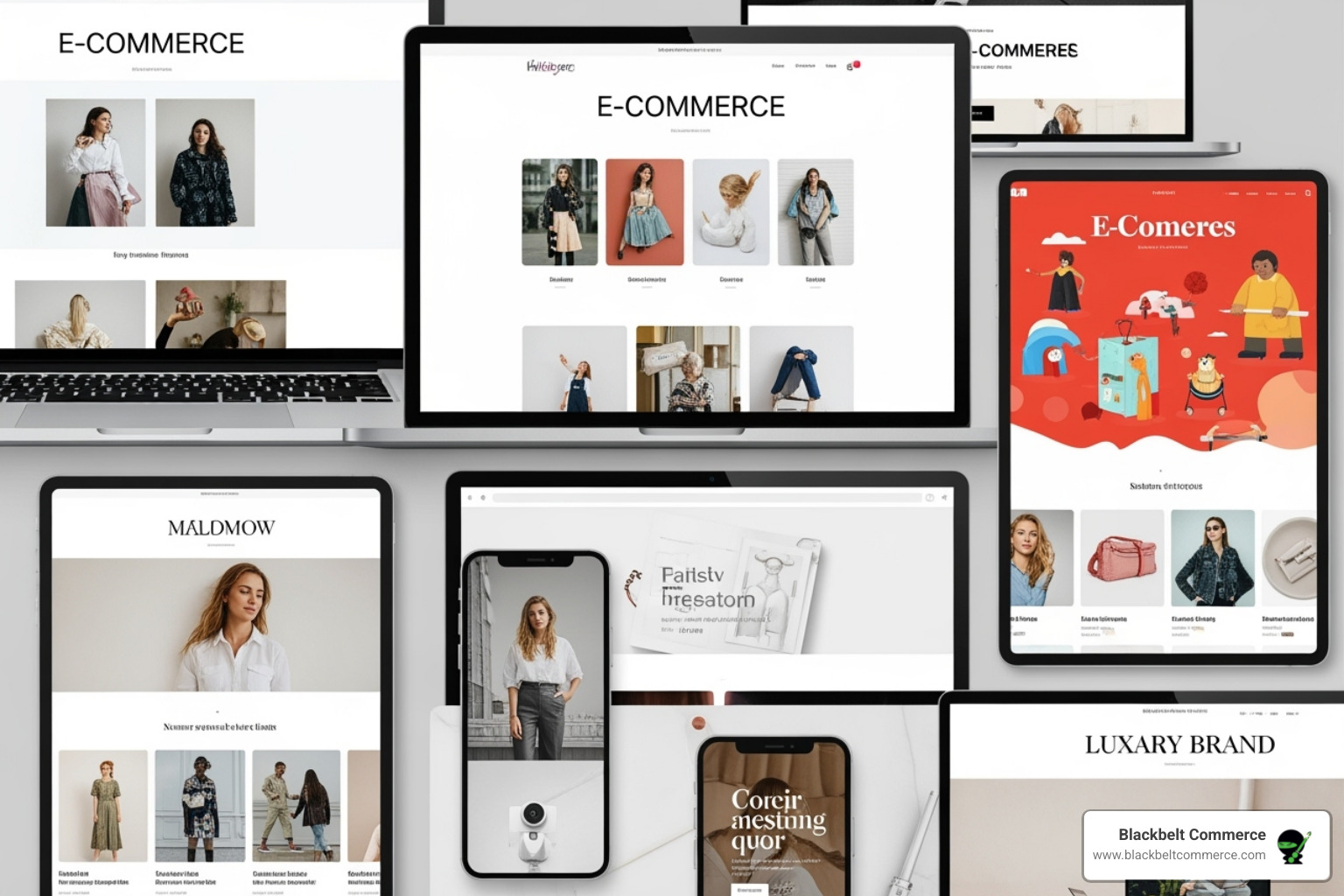 A collage of impressive e-commerce website designs, showcasing variety and quality - magento developer new york A collage of impressive e-commerce website designs, showcasing variety and quality - magento developer new york