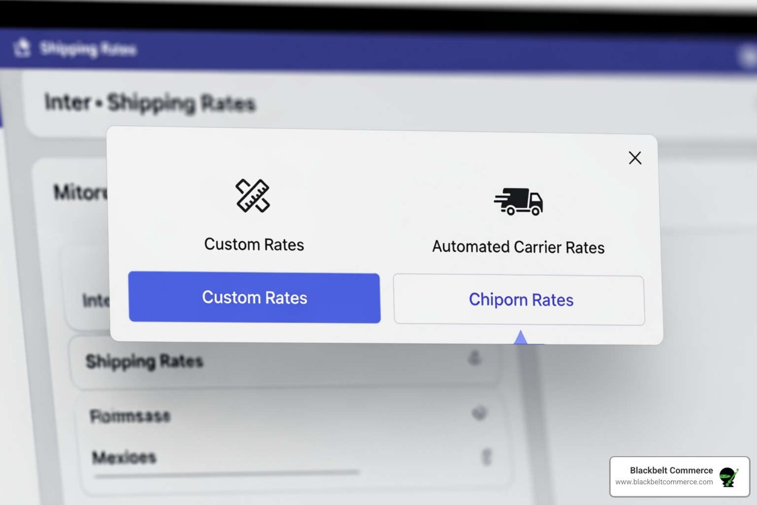 The 'Add rate' modal in Shopify showing options to set your own rates or use carrier-calculated rates - shopify shipping setup
