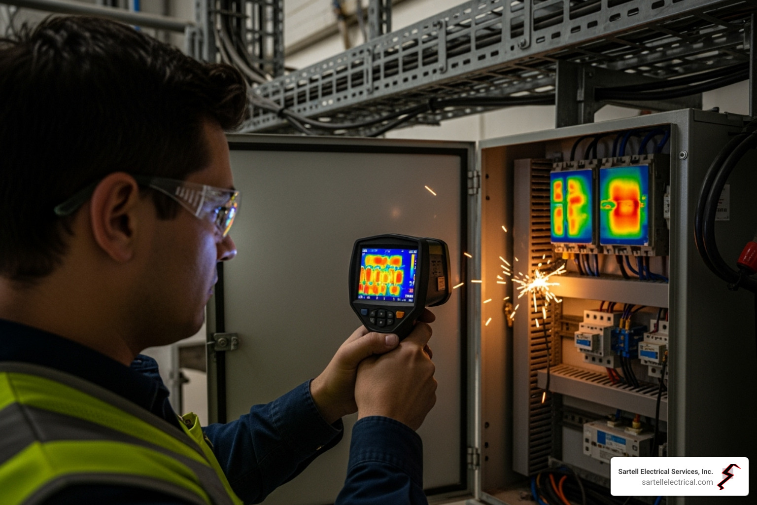 technician performing thermal imaging on electrical panel - industrial electrical equipment repair