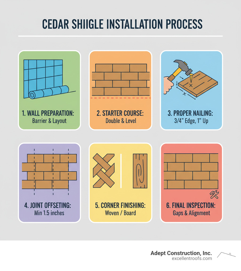 Step-by-step cedar shingle installation process showing wall preparation, starter course installation, proper nailing techniques, joint offsetting, and corner finishing methods - installing cedar shingle siding infographic 