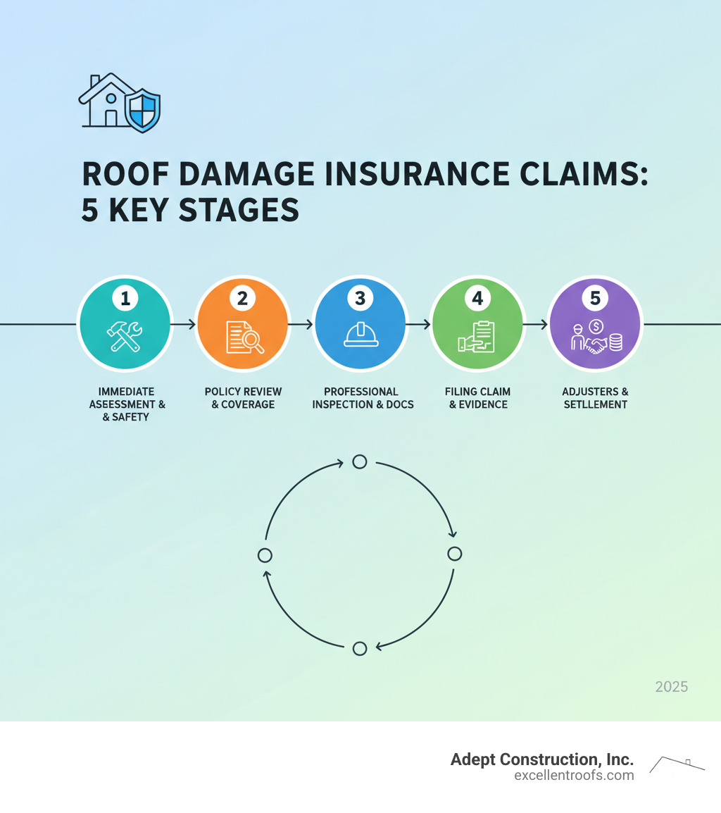 Detailed infographic showing the 5 key stages of roof damage insurance claims process: 1) Immediate damage assessment and safety measures, 2) Policy review and coverage understanding, 3) Professional inspection and documentation, 4) Filing the claim with proper evidence, 5) Working with adjusters and finalizing settlement - Roof damage insurance claims infographic 