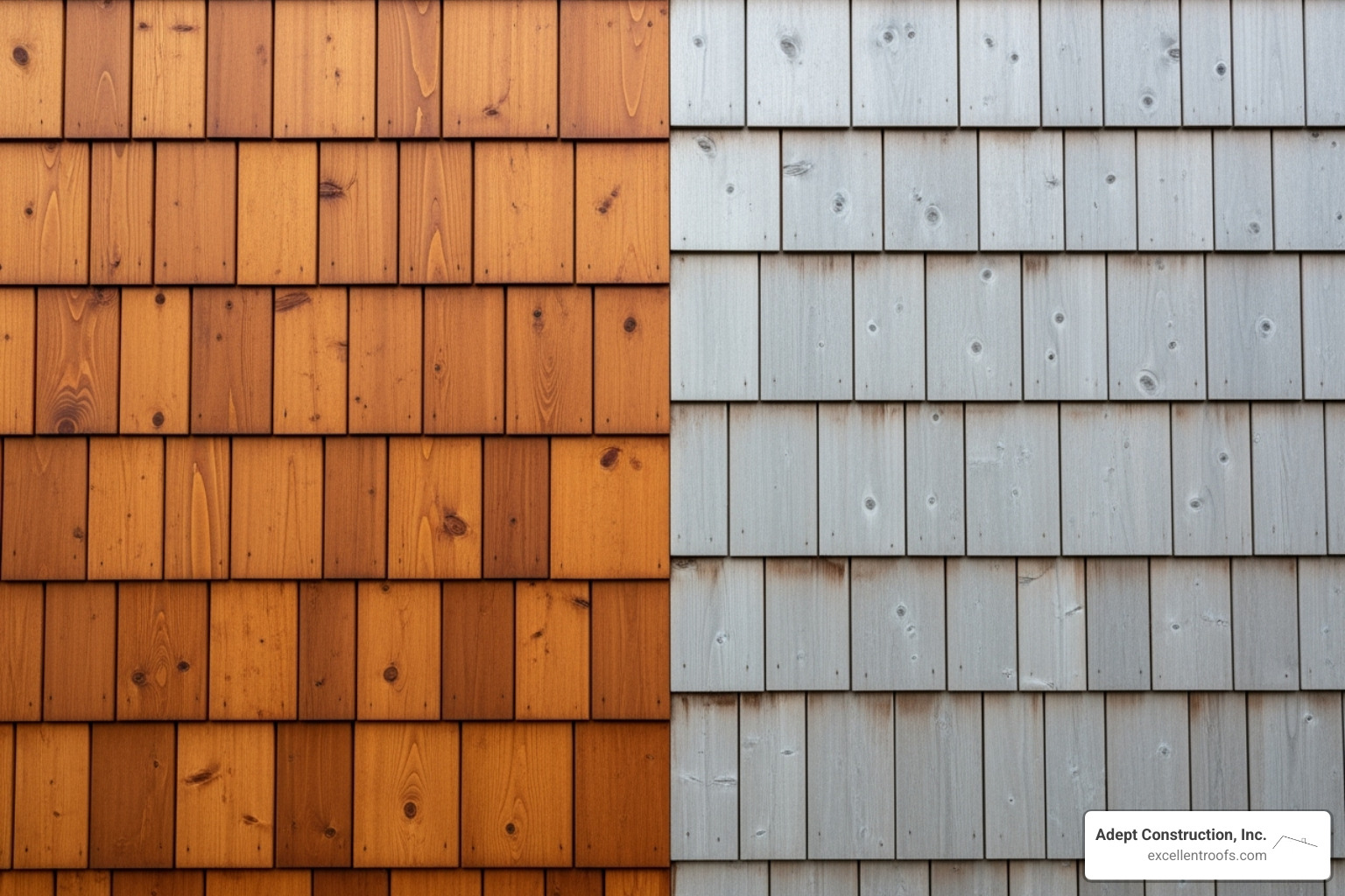 a cedar-sided wall showing the contrast between a new, stained section and a naturally weathered section - installing cedar shingle siding