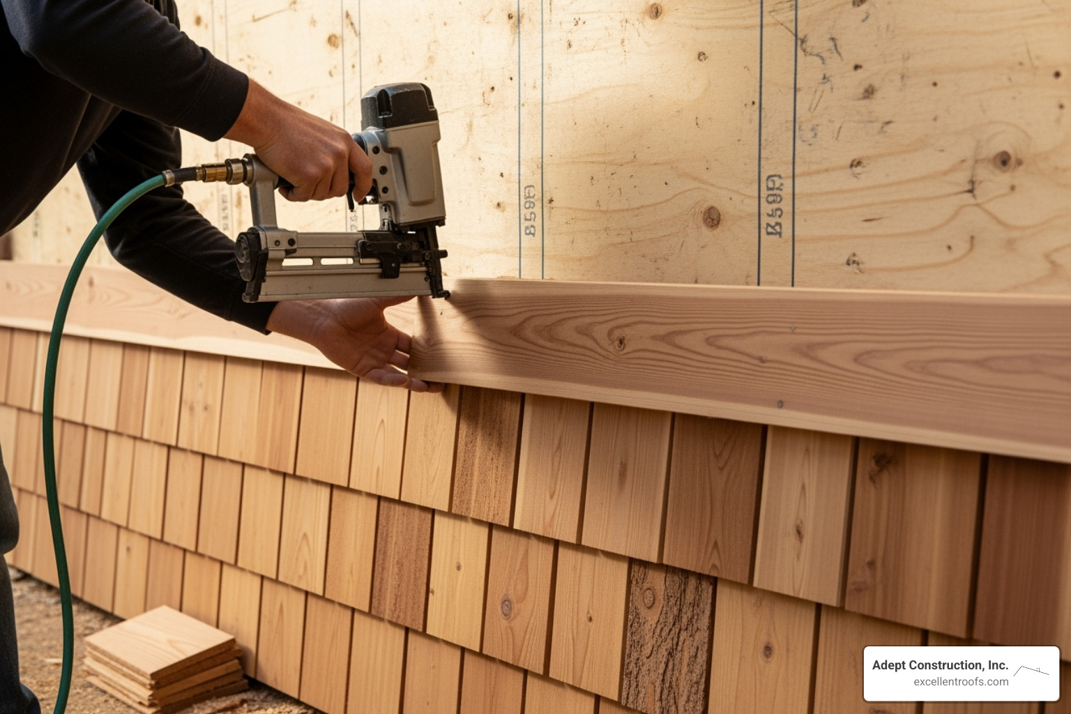 a person actively installing a course of cedar shingles using a siding nailer - installing cedar shingle siding