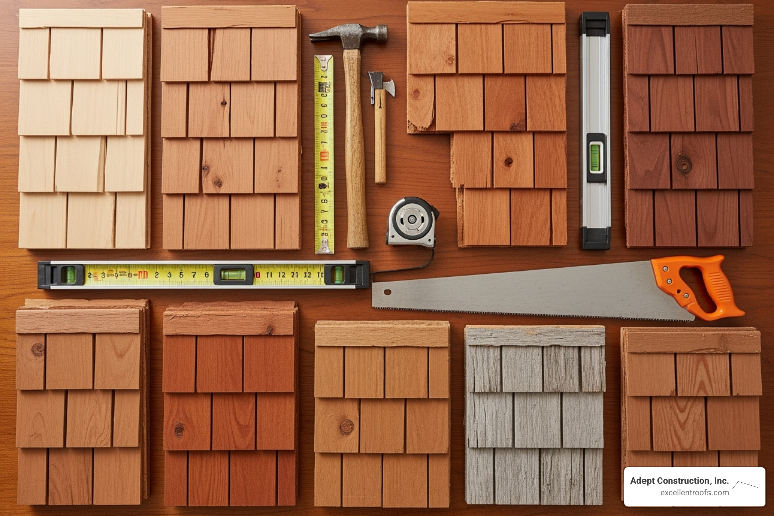 various cedar shingle types, grades, and essential installation tools laid out - installing cedar shingle siding