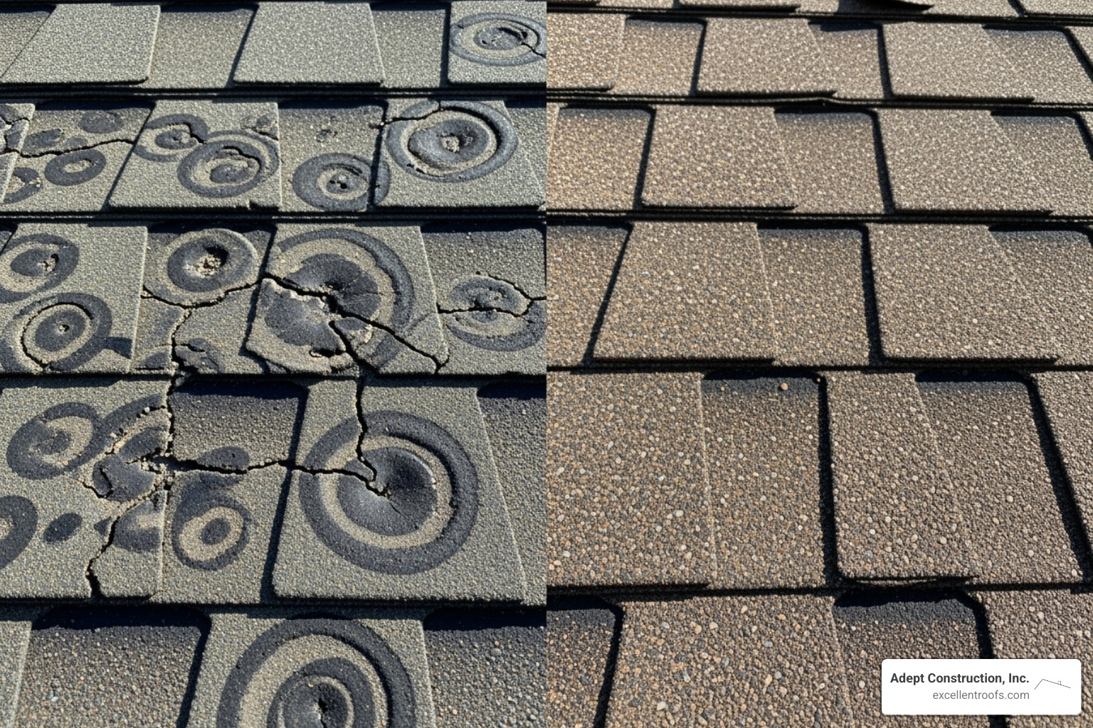 Comparison of hail damage on a shingle versus normal wear and tear and granule loss - Roof damage insurance claims