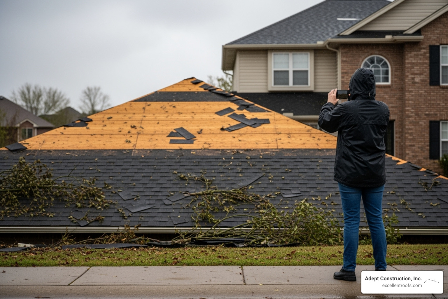 Homeowner taking photos of a damaged roof from a safe distance for insurance purposes - Roof damage insurance claims