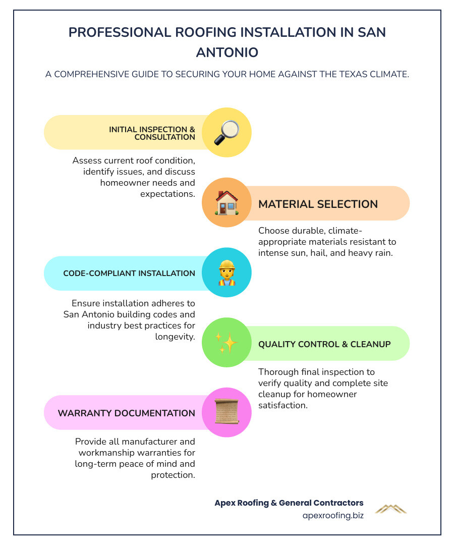 Comprehensive guide showing the 5 key steps of professional roofing installation in San Antonio: initial inspection and consultation, material selection based on Texas climate, proper installation following local building codes, quality control and cleanup, and final warranty documentation - roofing installation san antonio tx infographic infographic-line-5-steps-colors