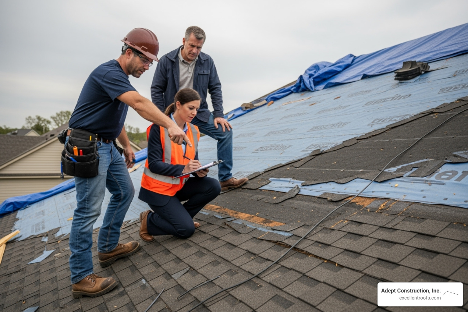 A homeowner, a roofing contractor, and an insurance adjuster inspecting a damaged roof together - Roof damage insurance claims