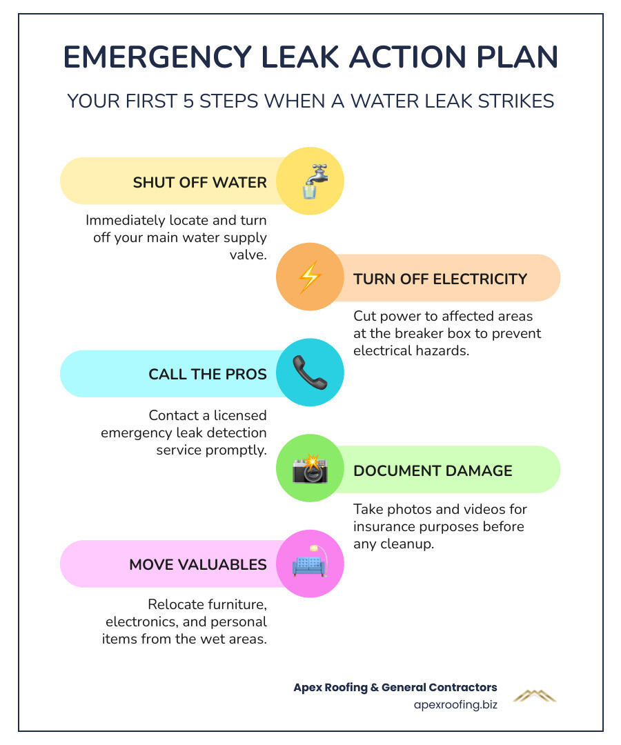 Emergency leak detection process showing immediate steps: shut off water, turn off electricity, call professionals, document damage, and move valuables to safety - emergency leak detection infographic infographic-line-5-steps-colors