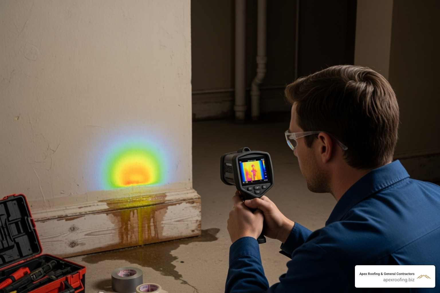 Technician using a thermal imaging camera on a wall - emergency leak detection