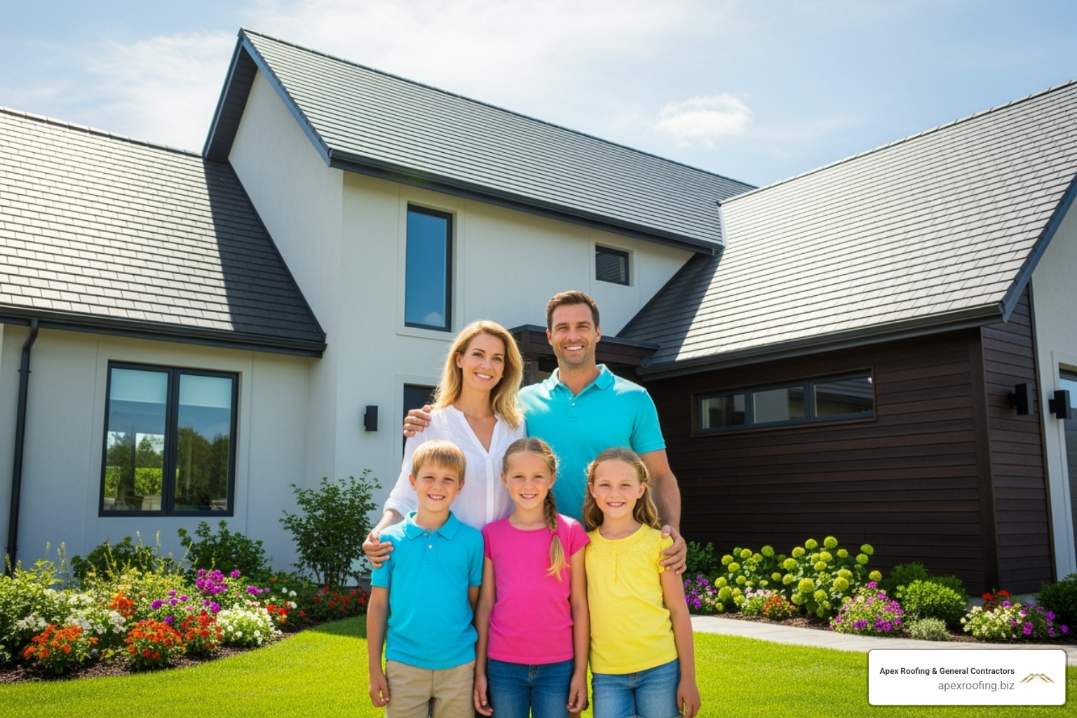 Family smiling in front of their home with a newly installed roof - roofing installation san antonio tx