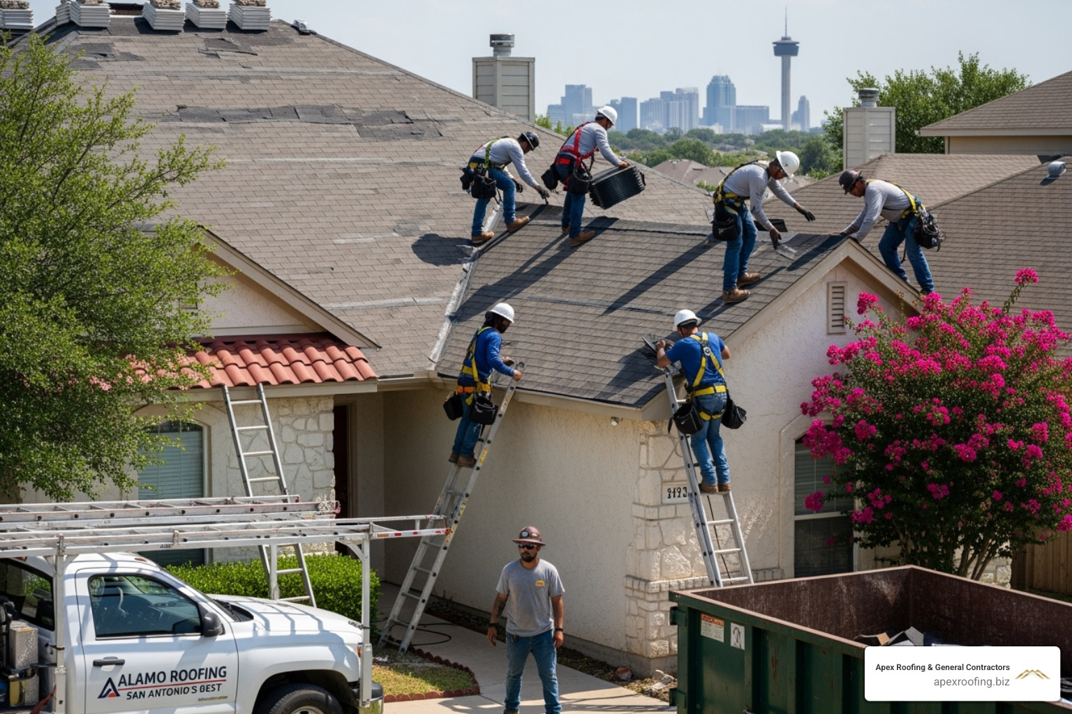 Professional roofing crew working safely on a roof - roofing installation san antonio tx