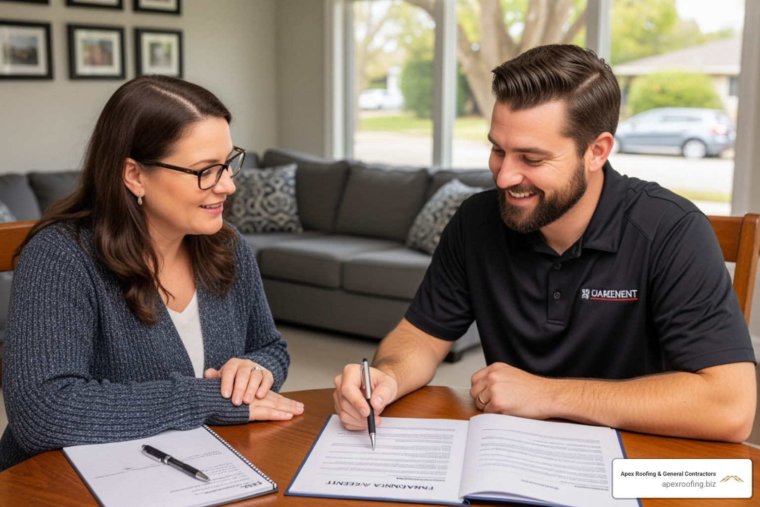 A homeowner reviewing a financing agreement with a friendly roofing contractor - roofers financing leon valley A homeowner reviewing a financing agreement with a friendly roofing contractor - roofers financing leon valley