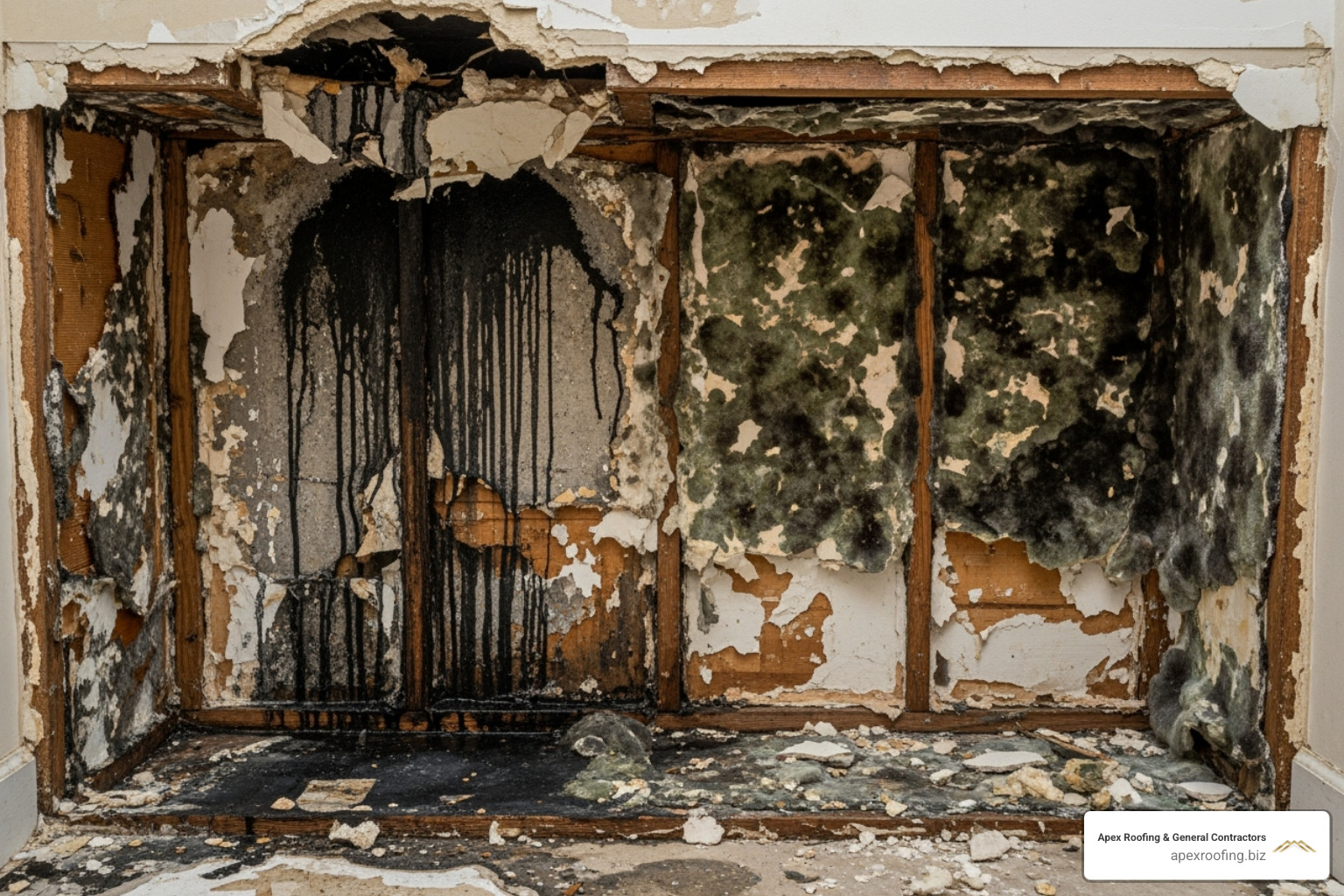 Severe black mold growth on a wall behind a cabinet - emergency leak detection