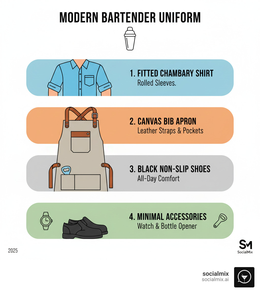 Modern bartender uniform components including a fitted chambray shirt with rolled sleeves, a canvas bib apron with leather straps and multiple pockets, black non-slip shoes, and minimal accessories like a simple watch and bottle opener - bartenders uniform infographic  Modern bartender uniform components including a fitted chambray shirt with rolled sleeves, a canvas bib apron with leather straps and multiple pockets, black non-slip shoes, and minimal accessories like a simple watch and bottle opener - bartenders uniform infographic