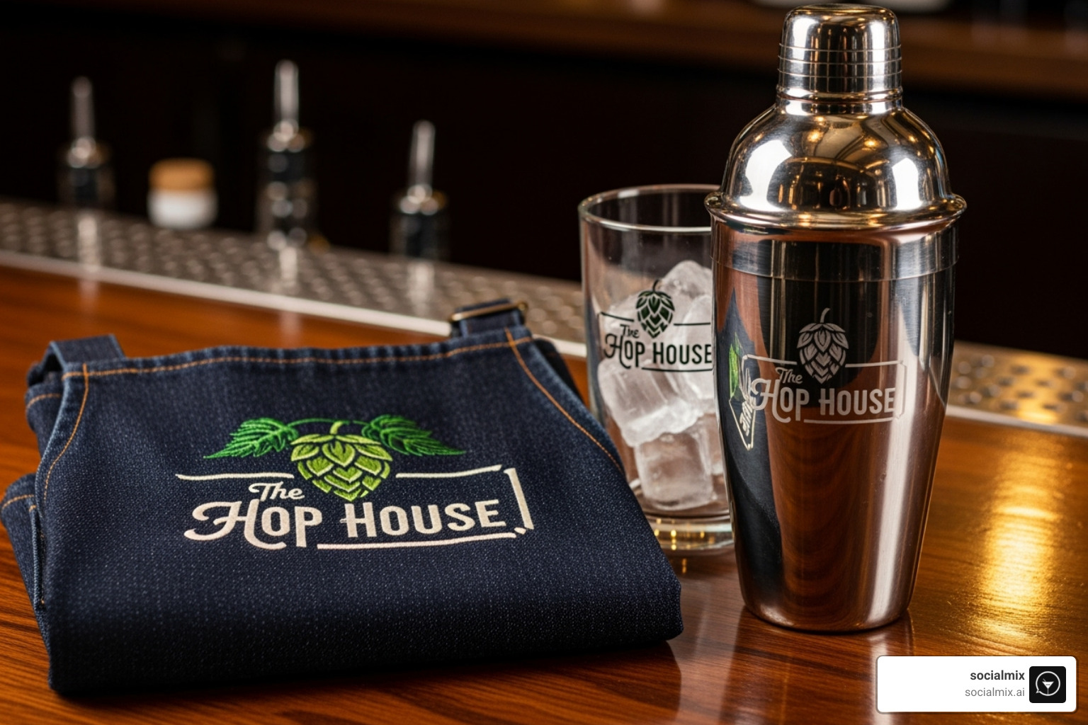 Custom embroidered apron with a bar's logo next to a branded Boston shaker - bartenders uniform Custom embroidered apron with a bar's logo next to a branded Boston shaker - bartenders uniform