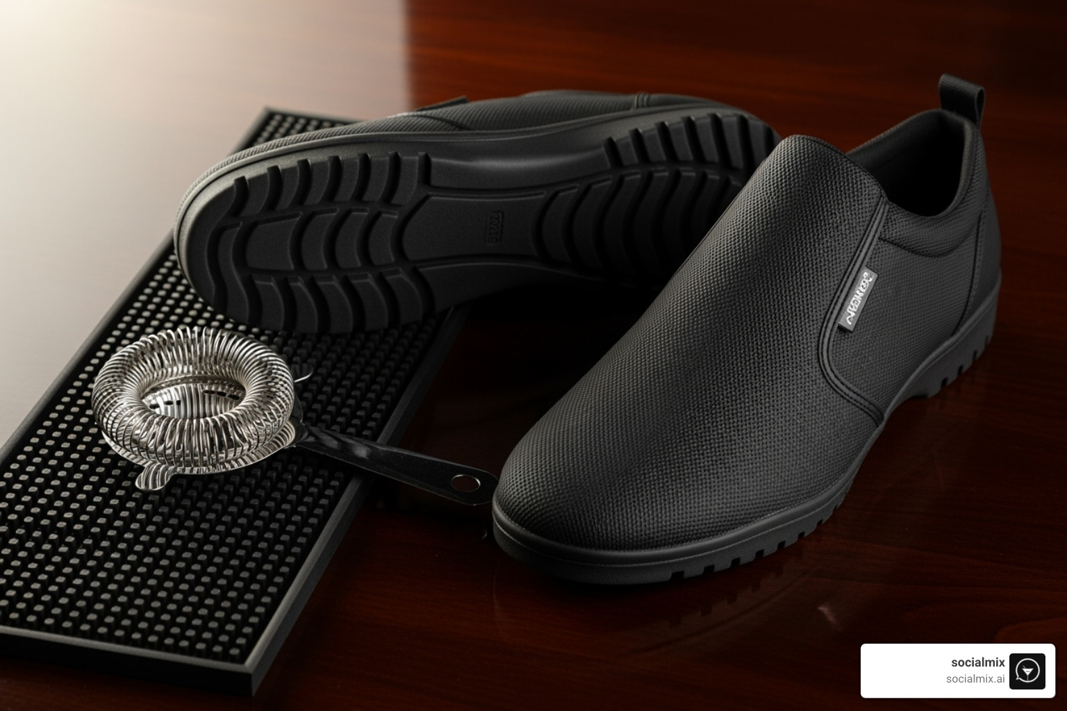sleek, black non-slip shoes next to a bar mat and a cocktail strainer - bartenders uniform sleek, black non-slip shoes next to a bar mat and a cocktail strainer - bartenders uniform