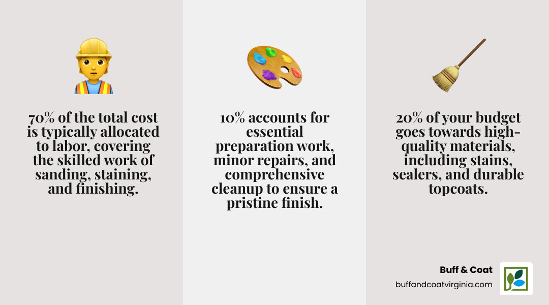 Detailed cost breakdown infographic showing the average percentages of a wood floor refinishing project: 70% labor costs, 20% materials including stains and finishes, and 10% preparation and cleanup work - cost of refurbishing wood floors infographic 3_facts_emoji_grey Detailed cost breakdown infographic showing the average percentages of a wood floor refinishing project: 70% labor costs, 20% materials including stains and finishes, and 10% preparation and cleanup work - cost of refurbishing wood floors infographic 3_facts_emoji_grey