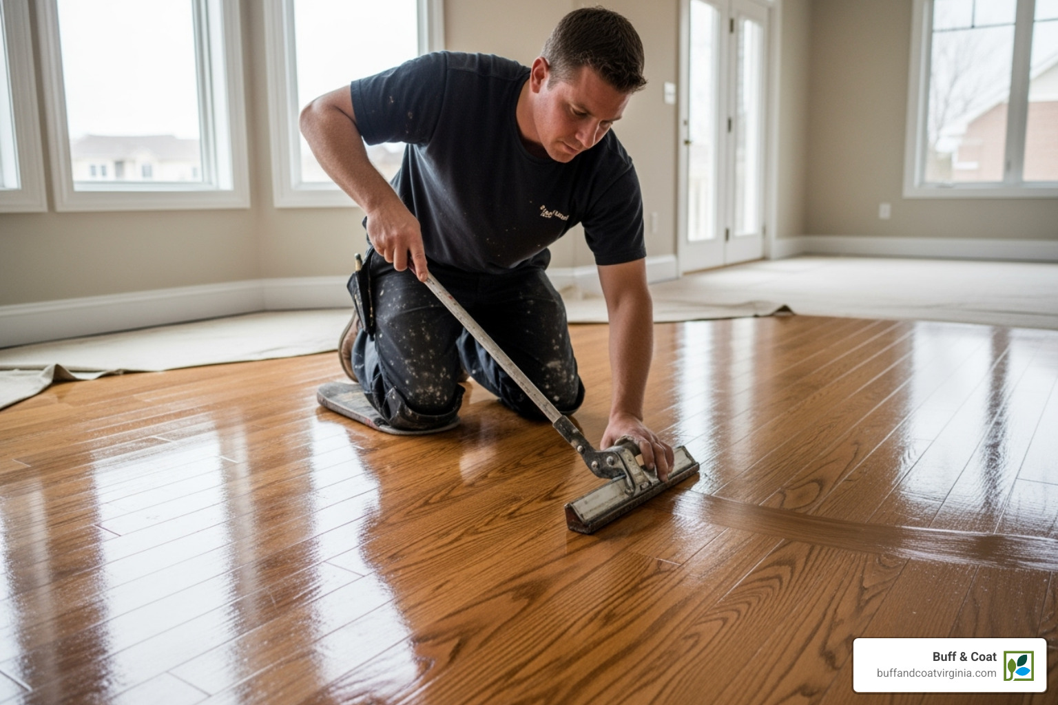 a professional applying a new topcoat to a wood floor - cost of refurbishing wood floors a professional applying a new topcoat to a wood floor - cost of refurbishing wood floors