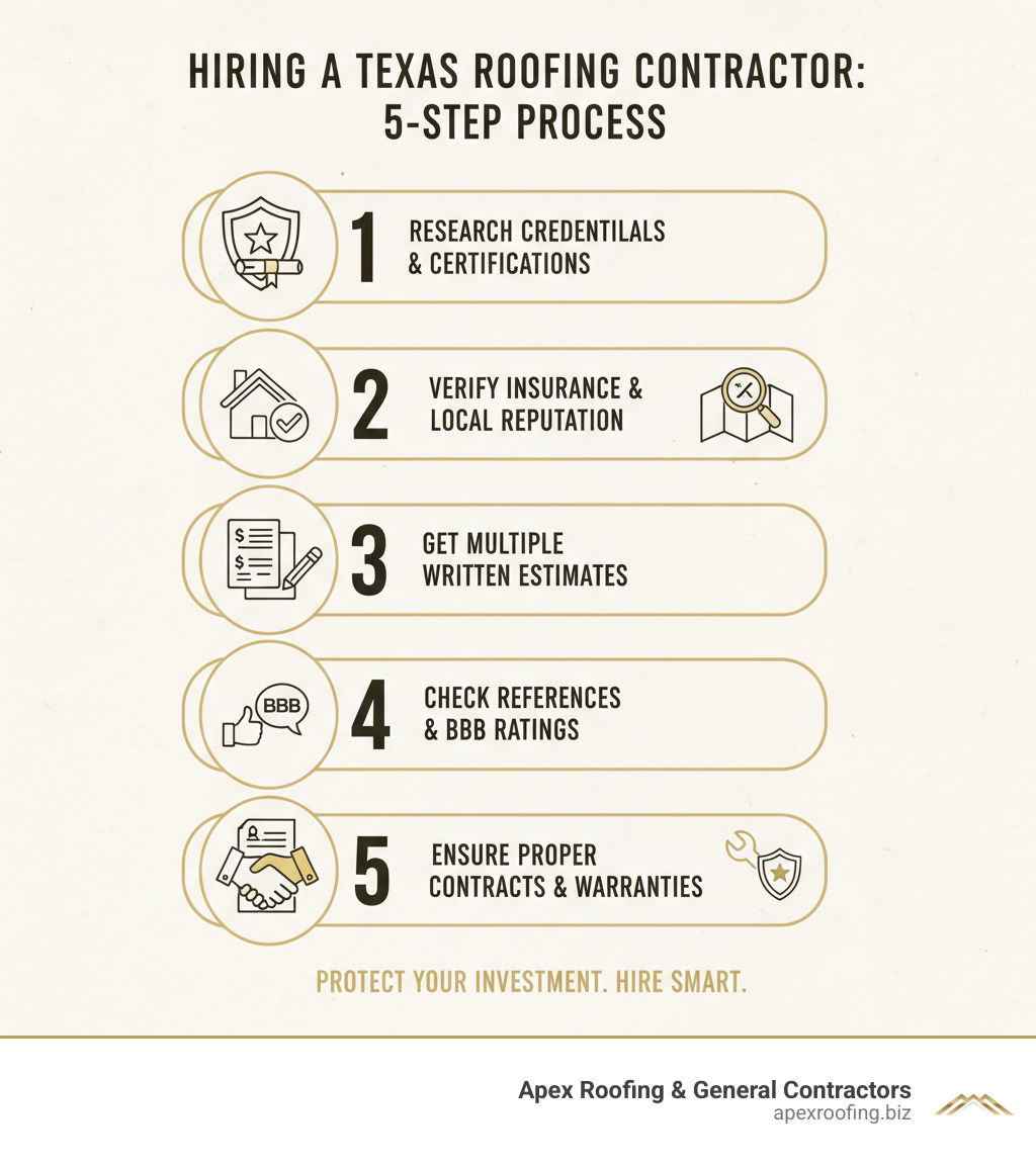 Infographic showing the 5-step process for hiring a Texas roofing contractor: 1) Research credentials and certifications, 2) Verify insurance and local reputation, 3) Get multiple written estimates, 4) Check references and BBB ratings, 5) Ensure proper contracts and warranties - roofing contractor TX infographic 