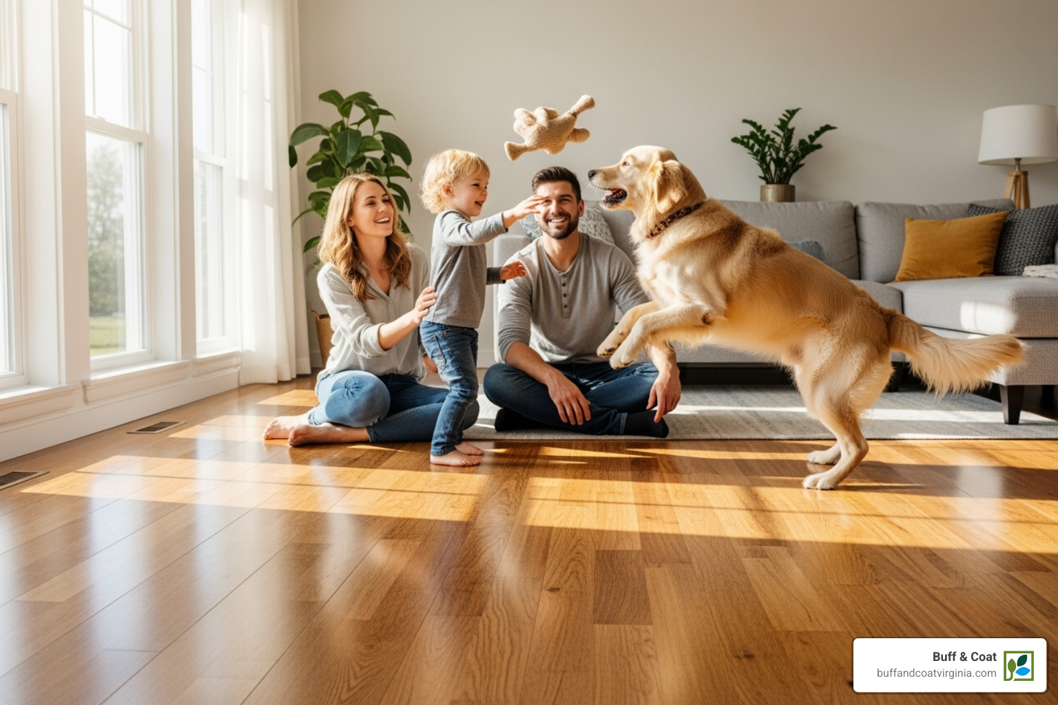 Family with child and pet playing on a clean, newly finished hardwood floor - dustless floor sander Family with child and pet playing on a clean, newly finished hardwood floor - dustless floor sander