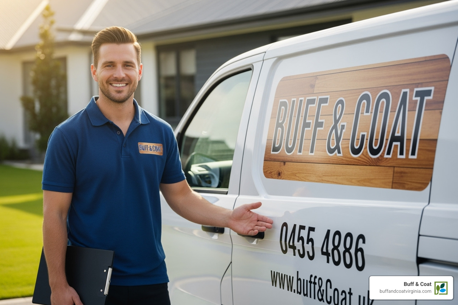 Buff & Coat branded van with a team member smiling - dustless floor sander Buff & Coat branded van with a team member smiling - dustless floor sander