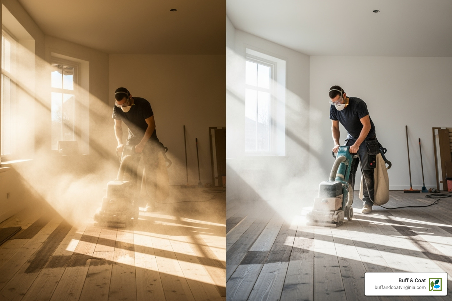 Comparison of a room after traditional sanding (cloud of dust) versus after dustless sanding (clean floor, no airborne dust) - dustless floor sander Comparison of a room after traditional sanding (cloud of dust) versus after dustless sanding (clean floor, no airborne dust) - dustless floor sander