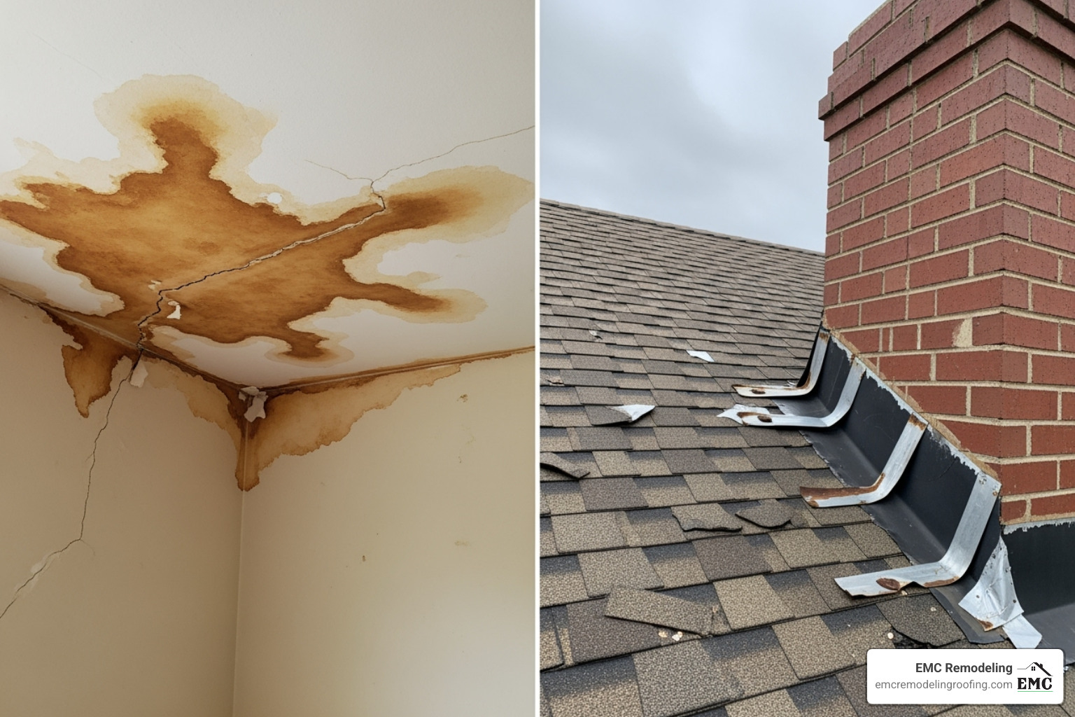 Signs of roof damage including water stains, curled shingles, and damaged flashing - georgetown tx roofing Signs of roof damage including water stains, curled shingles, and damaged flashing - georgetown tx roofing