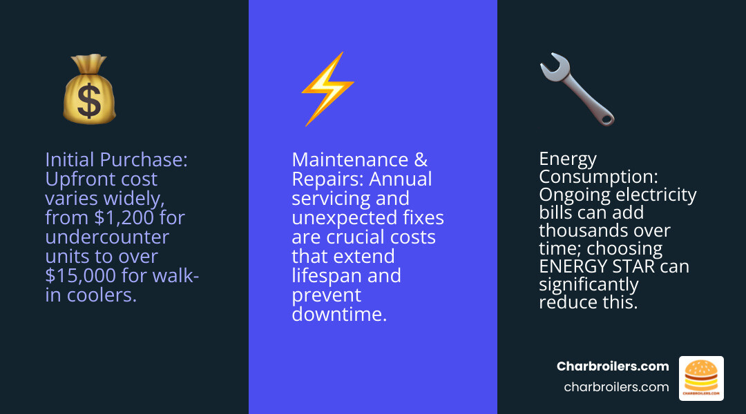 Infographic explaining the breakdown of a commercial refrigerator's total cost (initial price, energy, maintenance) - commercial refrigerator price infographic 3_facts_emoji_blue Infographic explaining the breakdown of a commercial refrigerator's total cost (initial price, energy, maintenance) - commercial refrigerator price infographic 3_facts_emoji_blue