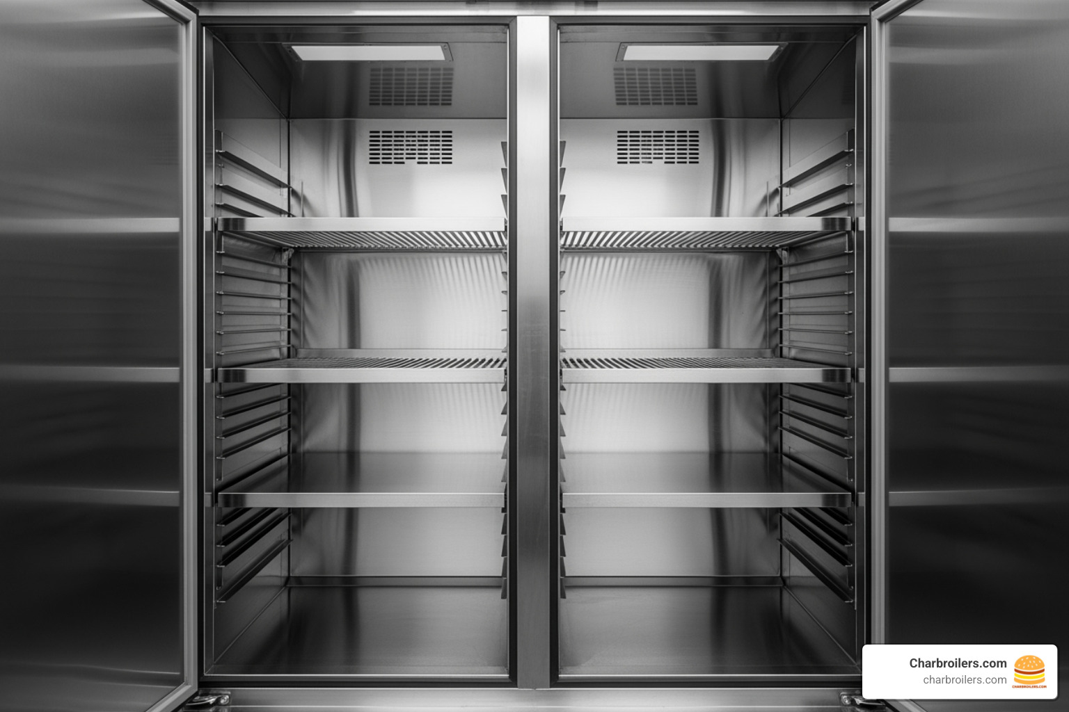 Interior of a stainless steel two-door reach-in refrigerator - commercial refrigerator price Interior of a stainless steel two-door reach-in refrigerator - commercial refrigerator price