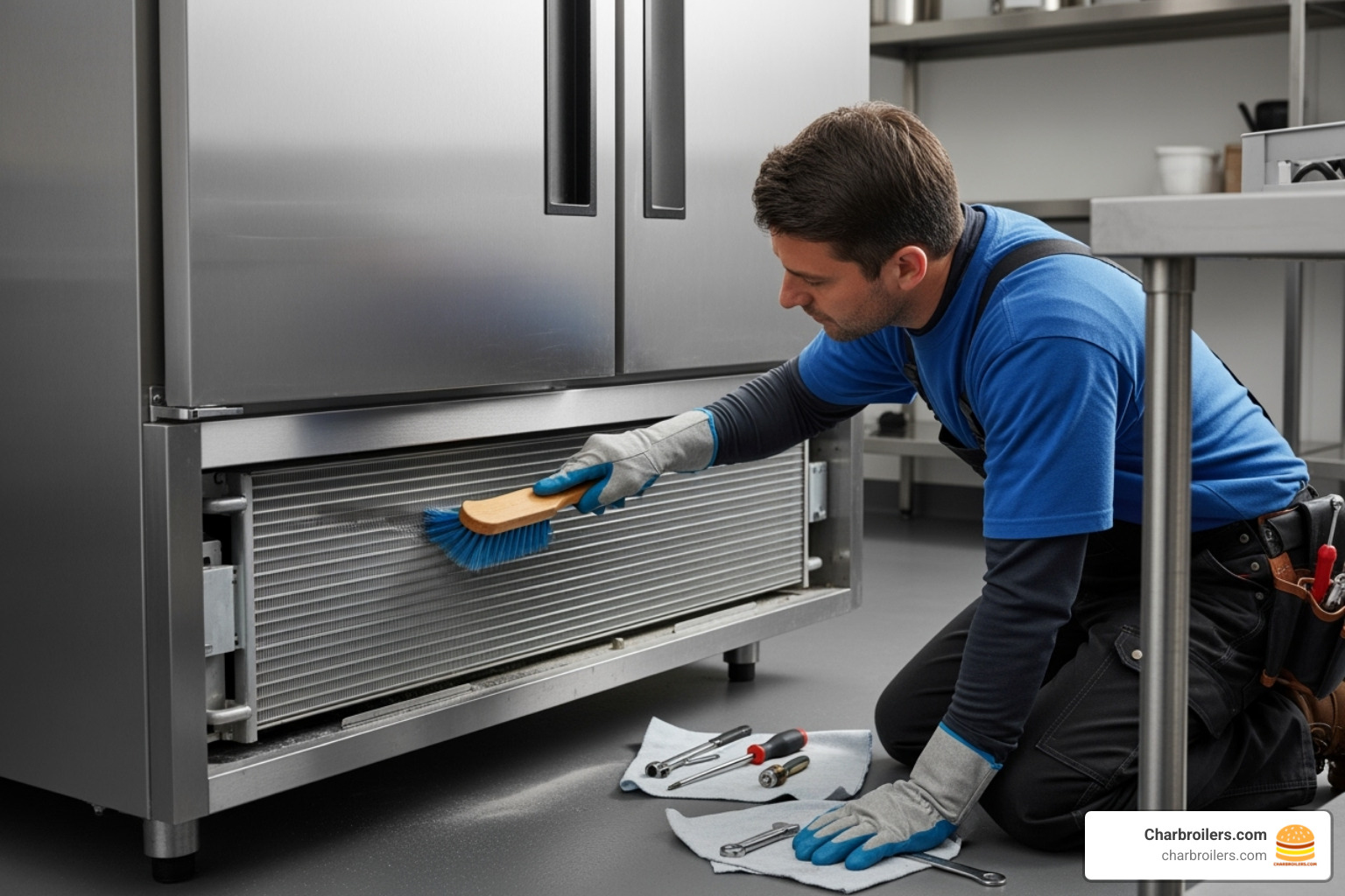 Technician performing maintenance on a condenser coil - commercial refrigerator price Technician performing maintenance on a condenser coil - commercial refrigerator price
