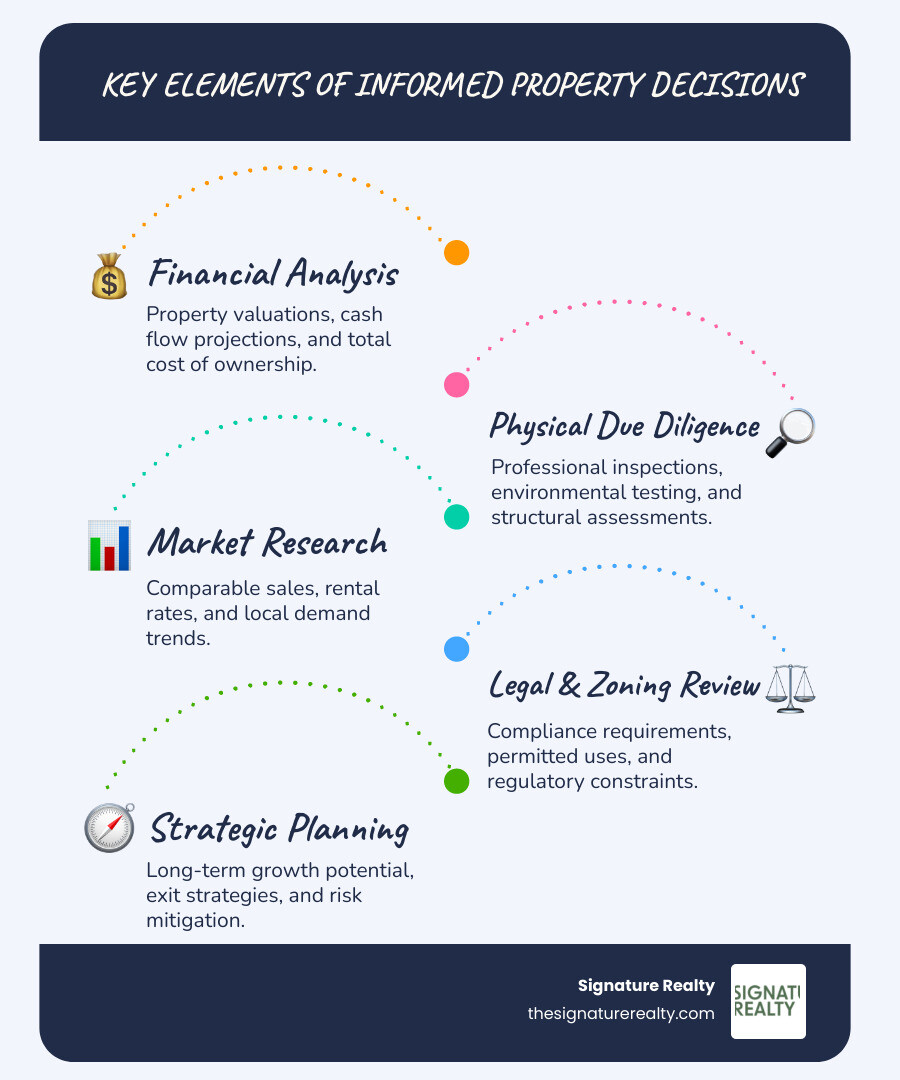 Comprehensive infographic showing the 5 pillars of informed property decisions: Financial Analysis with calculator and charts, Physical Due Diligence with inspection checklist, Market Research with comparative data tables, Legal & Zoning Review with regulatory documents, and Long-Term Strategy with growth projections and risk assessment matrices - Informed property decisions infographic infographic-line-5-steps-blues-accent_colors Comprehensive infographic showing the 5 pillars of informed property decisions: Financial Analysis with calculator and charts, Physical Due Diligence with inspection checklist, Market Research with comparative data tables, Legal & Zoning Review with regulatory documents, and Long-Term Strategy with growth projections and risk assessment matrices - Informed property decisions infographic infographic-line-5-steps-blues-accent_colors