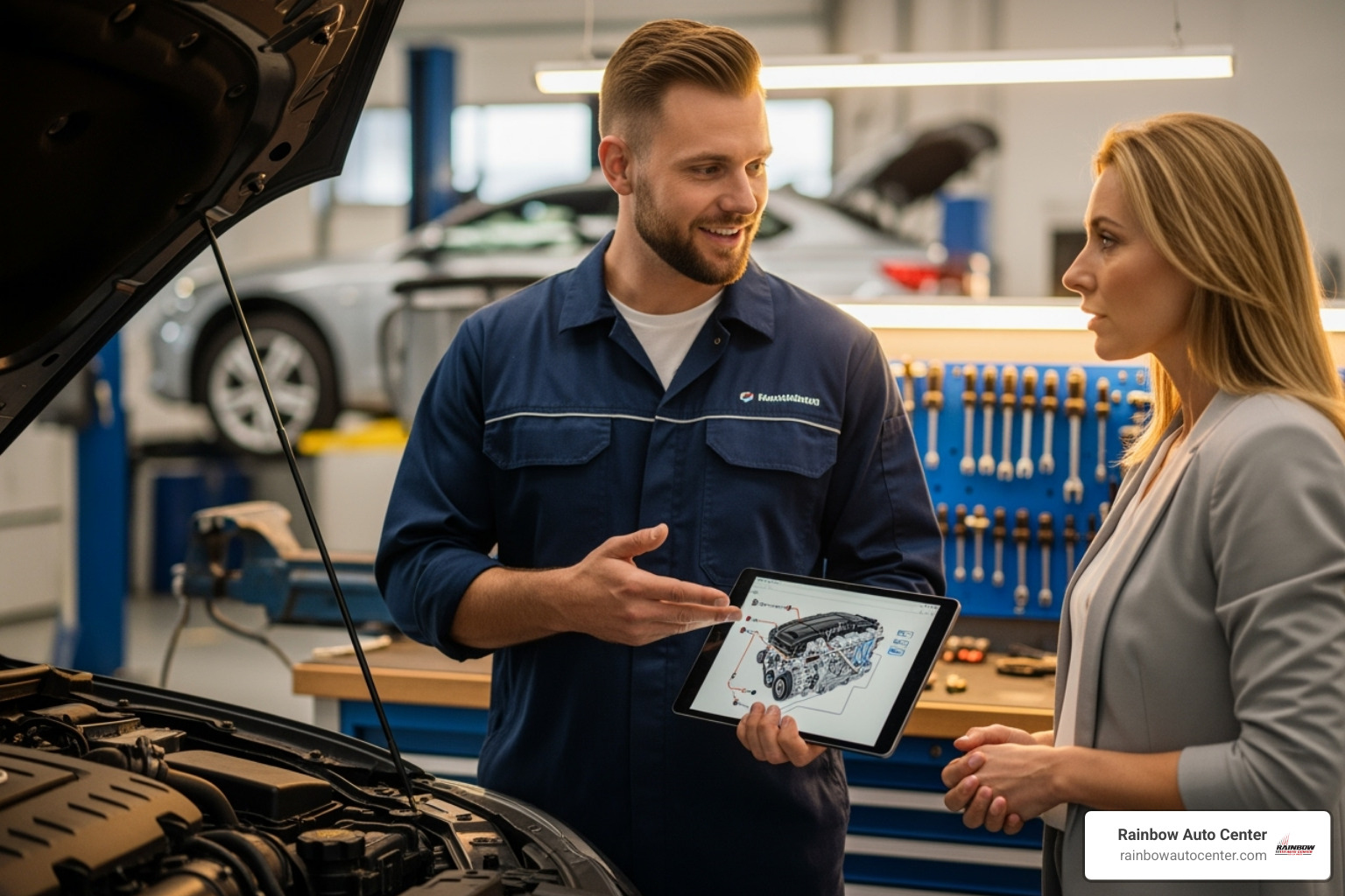 a friendly mechanic explaining a repair to a customer - automotive repair hayward ca a friendly mechanic explaining a repair to a customer - automotive repair hayward ca