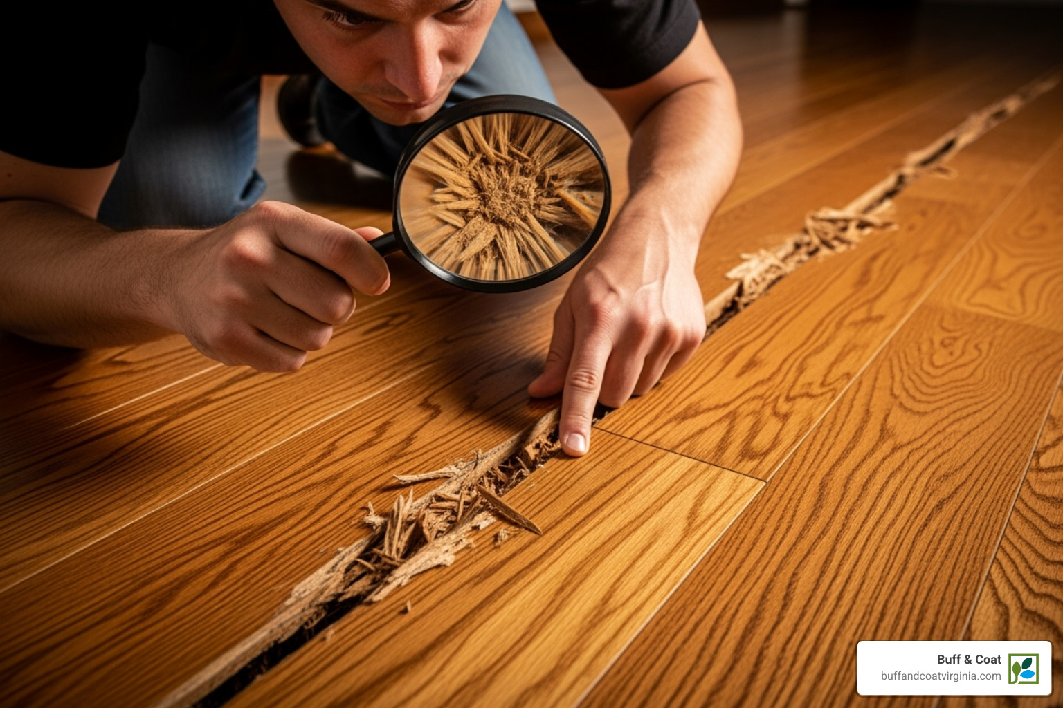 person closely inspecting a gash on a wood floor with a magnifying glass - how to fix a gash in hardwood floor person closely inspecting a gash on a wood floor with a magnifying glass - how to fix a gash in hardwood floor