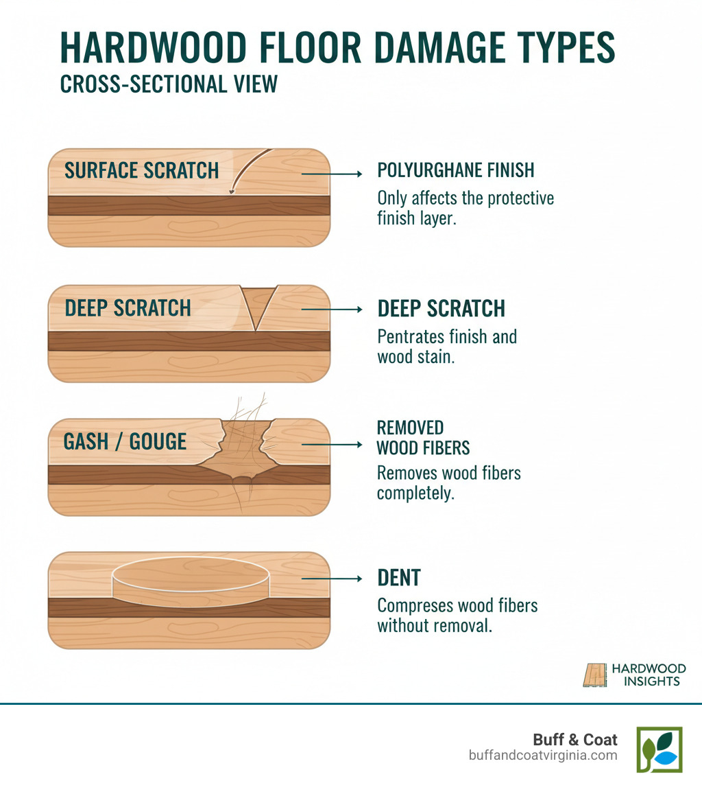 Infographic showing cross-sections of hardwood floor damage types: surface scratch affecting only the polyurethane finish layer, deep scratch penetrating into the wood stain, gash or gouge removing wood fibers completely, and dent compressing wood fibers without removal - how to fix a gash in hardwood floor infographic Infographic showing cross-sections of hardwood floor damage types: surface scratch affecting only the polyurethane finish layer, deep scratch penetrating into the wood stain, gash or gouge removing wood fibers completely, and dent compressing wood fibers without removal - how to fix a gash in hardwood floor infographic