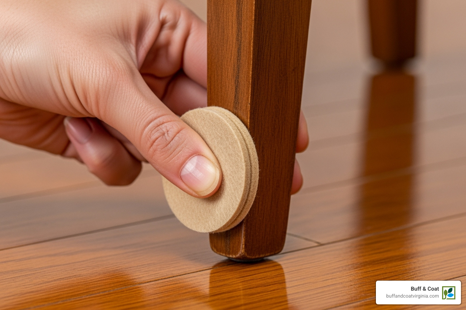 felt furniture pads being applied to the leg of a wooden chair - how to fix a gash in hardwood floor felt furniture pads being applied to the leg of a wooden chair - how to fix a gash in hardwood floor