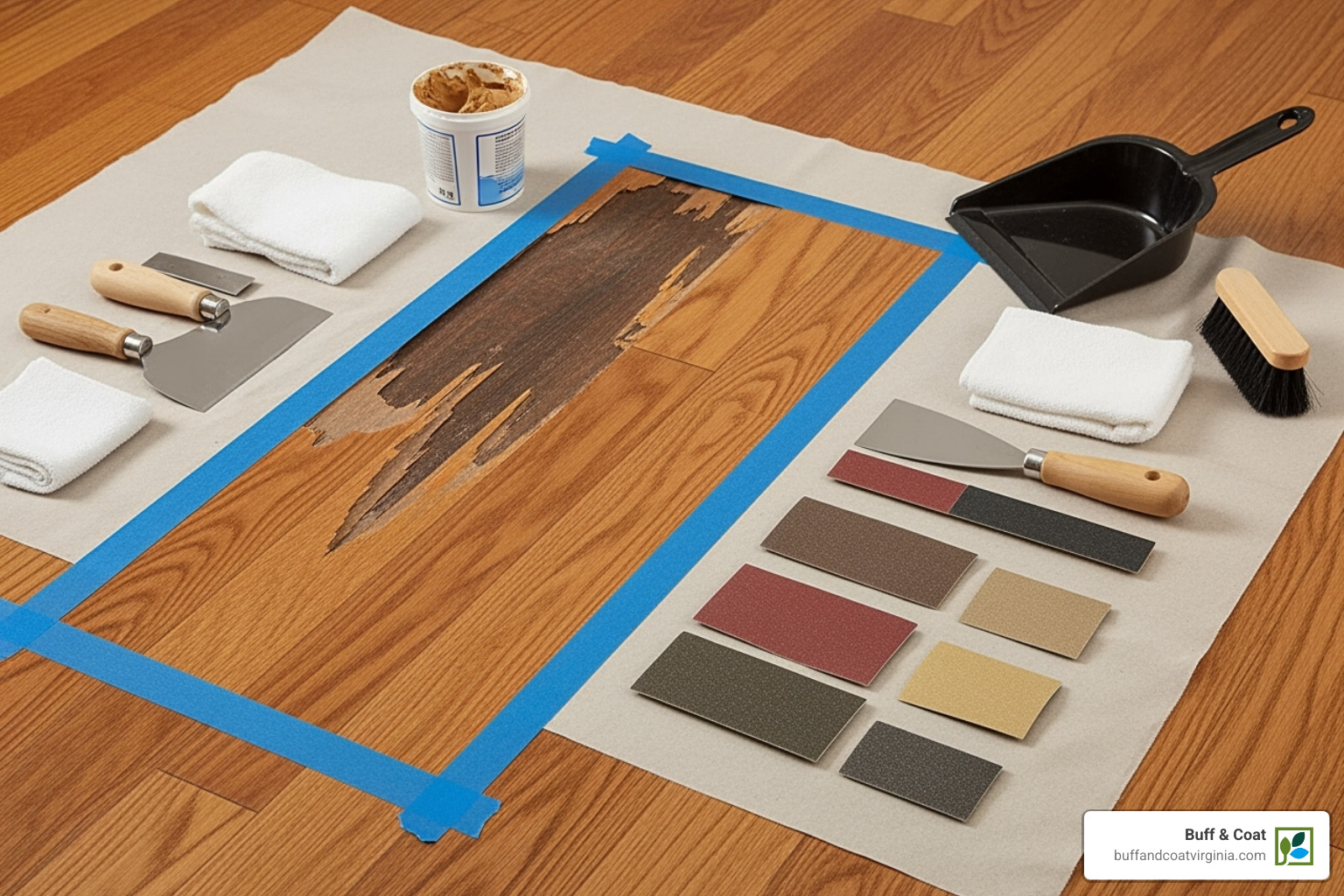 prepared workspace with the gash taped off and tools laid out - how to fix a gash in hardwood floor prepared workspace with the gash taped off and tools laid out - how to fix a gash in hardwood floor