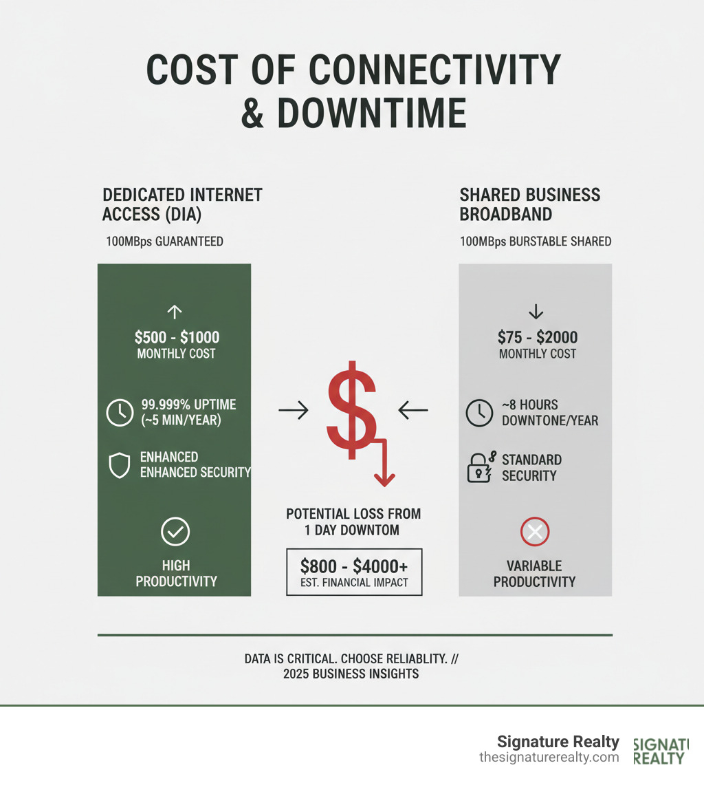 Table comparing the monthly cost of a 100Mbps DIA vs. a shared business broadband plan against the potential financial loss from just one day of downtime - dedicated business line infographic Table comparing the monthly cost of a 100Mbps DIA vs. a shared business broadband plan against the potential financial loss from just one day of downtime - dedicated business line infographic