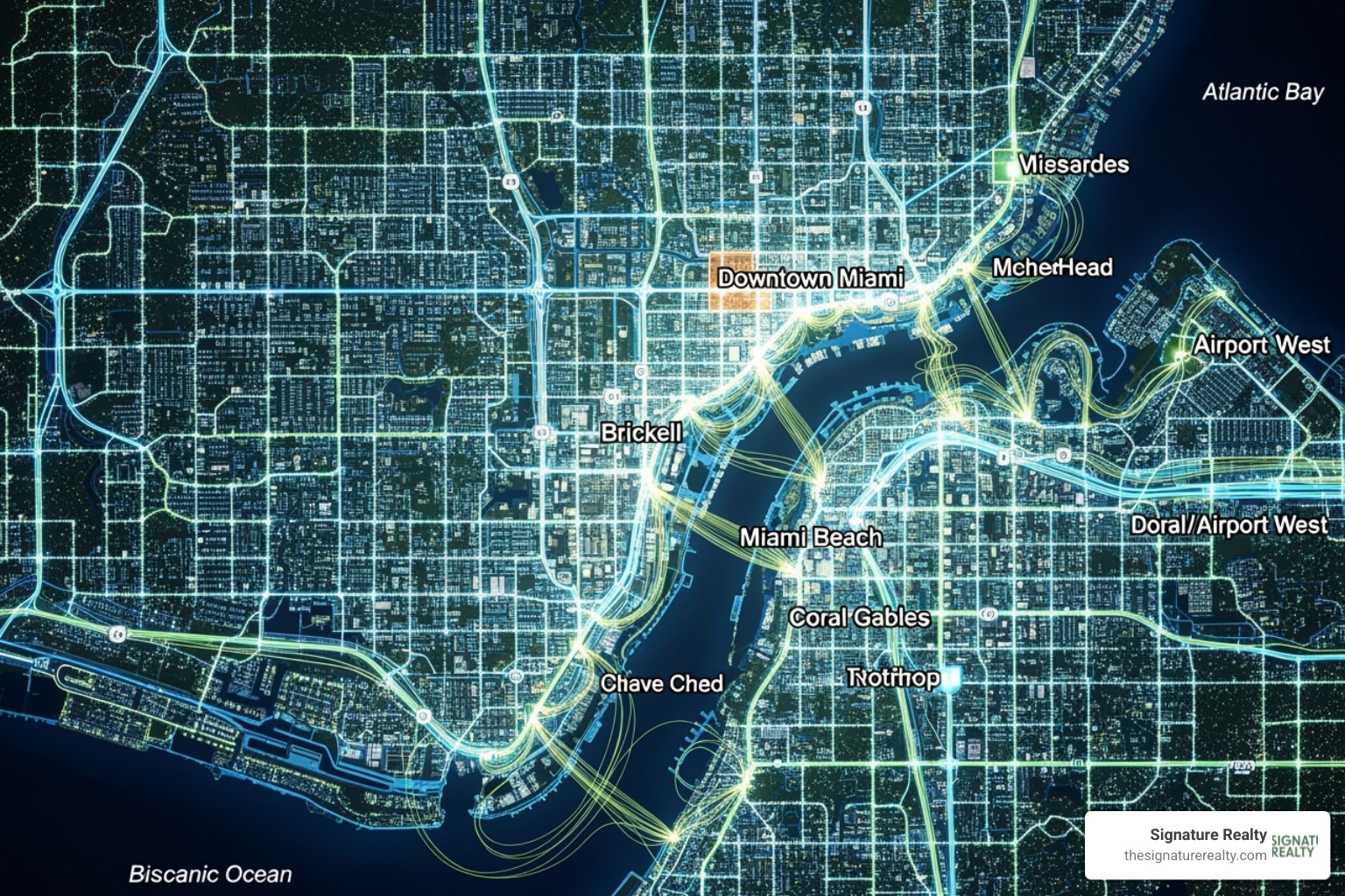 A map showing fiber optic network coverage in the Miami-Dade area, highlighting major business districts - dedicated business line A map showing fiber optic network coverage in the Miami-Dade area, highlighting major business districts - dedicated business line