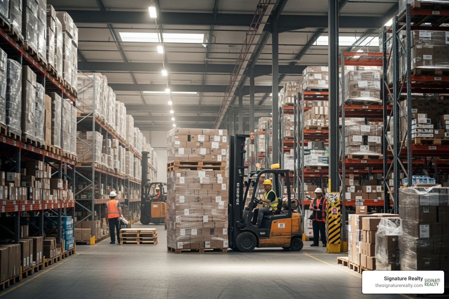 A busy logistics warehouse in the Doral area with forklifts and stacked goods - dedicated business line A busy logistics warehouse in the Doral area with forklifts and stacked goods - dedicated business line