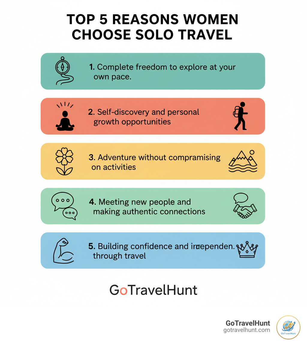Infographic showing the top 5 reasons women choose solo travel: 1. Complete freedom to explore at your own pace, 2. Self-findy and personal growth opportunities, 3. Adventure without compromising on activities, 4. Meeting new people and making authentic connections, 5. Building confidence and independence through travel - solo travel destinations infographic  Infographic showing the top 5 reasons women choose solo travel: 1. Complete freedom to explore at your own pace, 2. Self-findy and personal growth opportunities, 3. Adventure without compromising on activities, 4. Meeting new people and making authentic connections, 5. Building confidence and independence through travel - solo travel destinations infographic