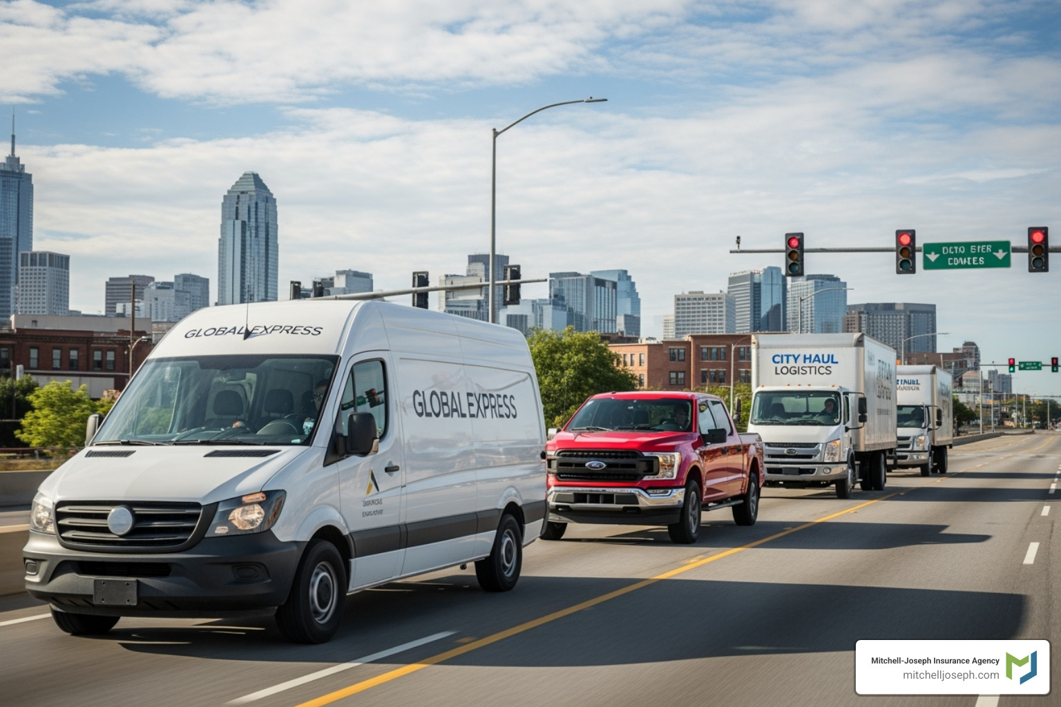 a diverse fleet of commercial vehicles including a van, pickup truck, and box truck on a road - commercial vehicle insurance company