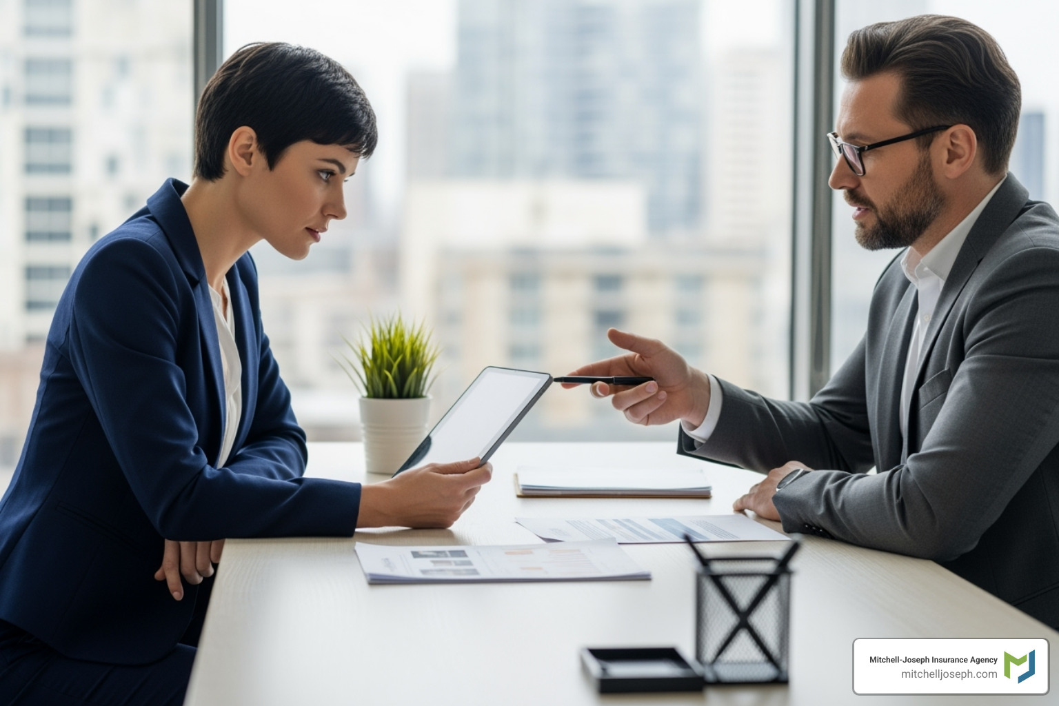 a business owner reviewing an insurance policy with an agent - commercial vehicle insurance company