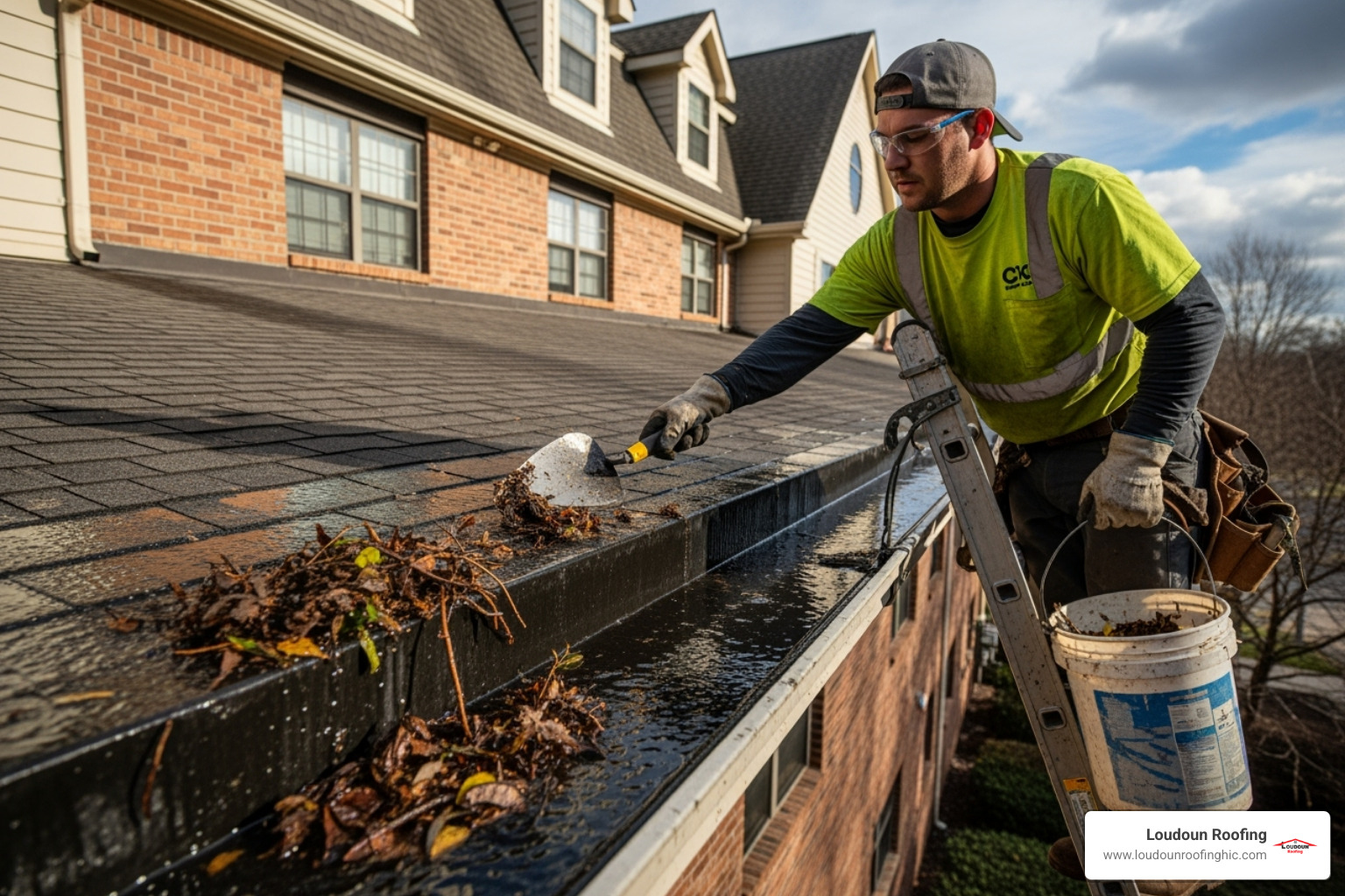 roofer clearing debris from a large gutter system - does your multi family building need roof repair