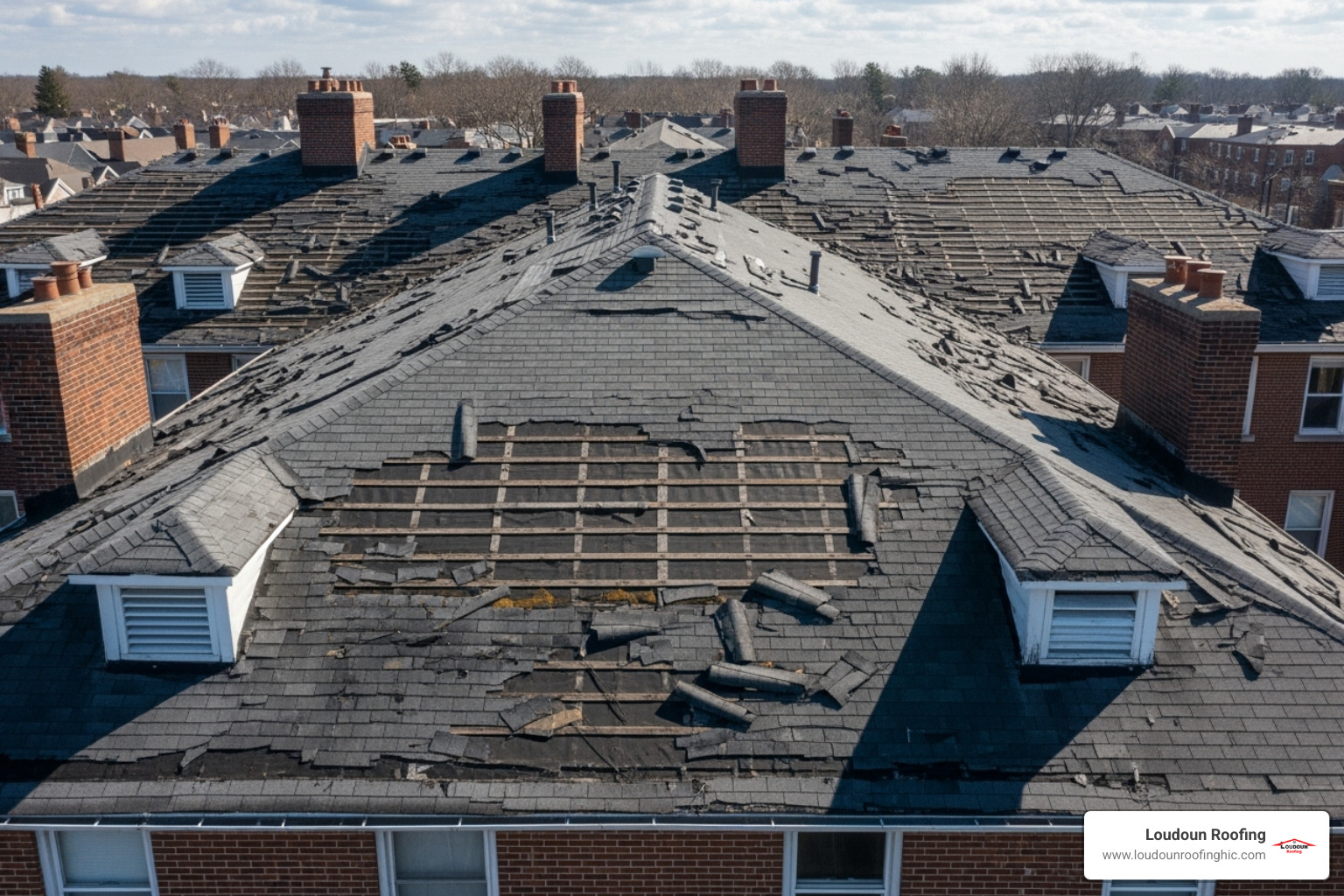 curling and missing asphalt shingles on a large roof - does your multi family building need roof repair