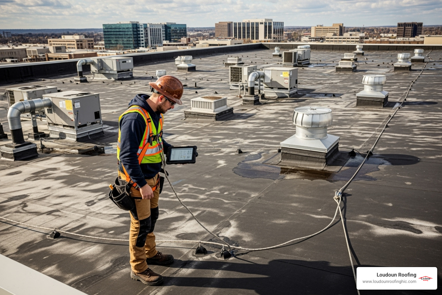 roofer performing a detailed inspection on a large commercial roof - does your multi family building need roof repair